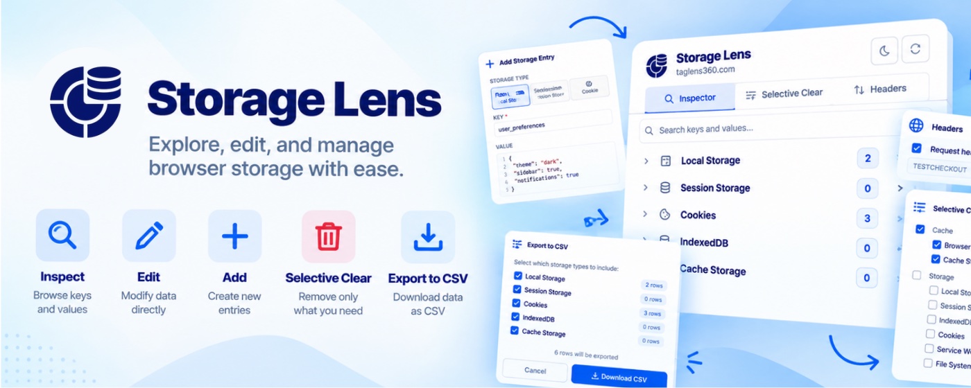 Storage Lens promotional preview showing Inspector, add entry, CSV export, headers and selective clear